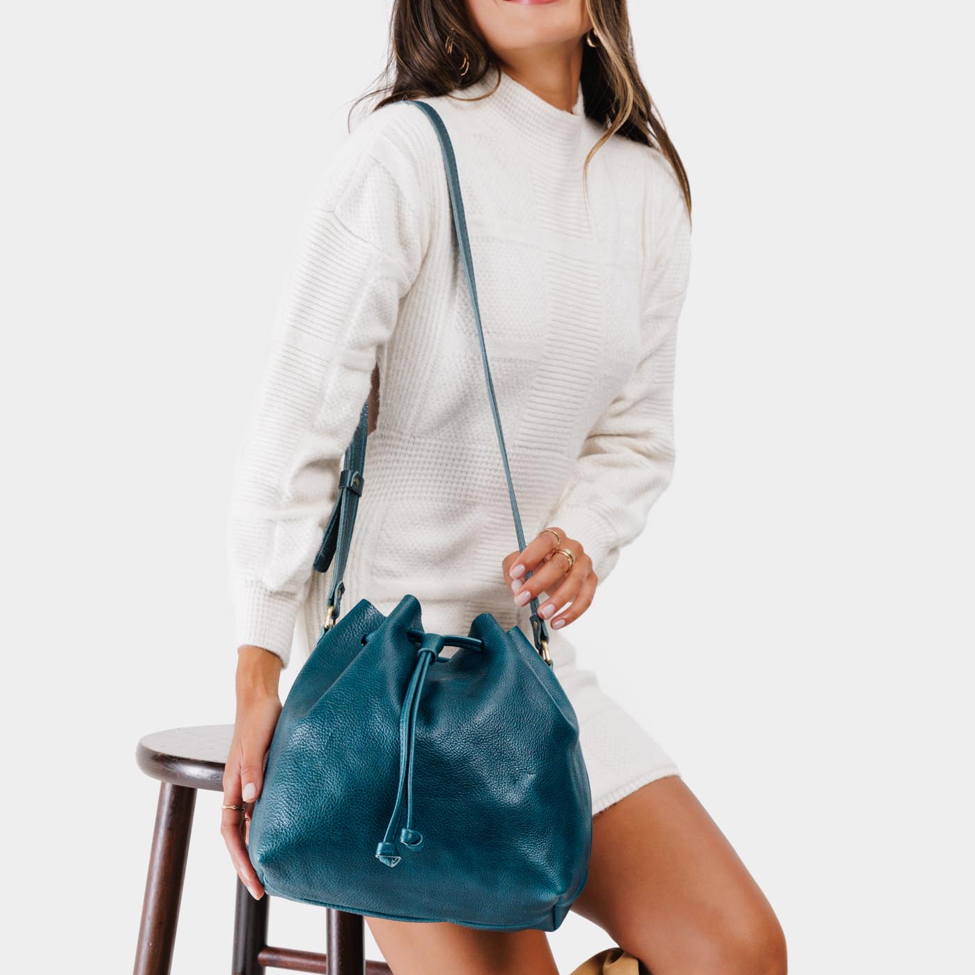 Leather Bucket Bag with Adjustable Crossbody Strap