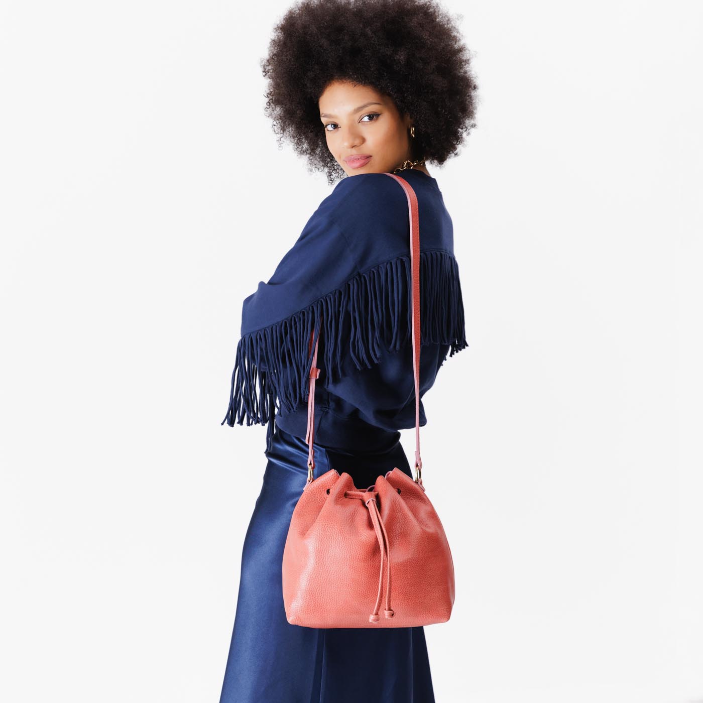 Leather Bucket Bag with Adjustable Crossbody Strap
