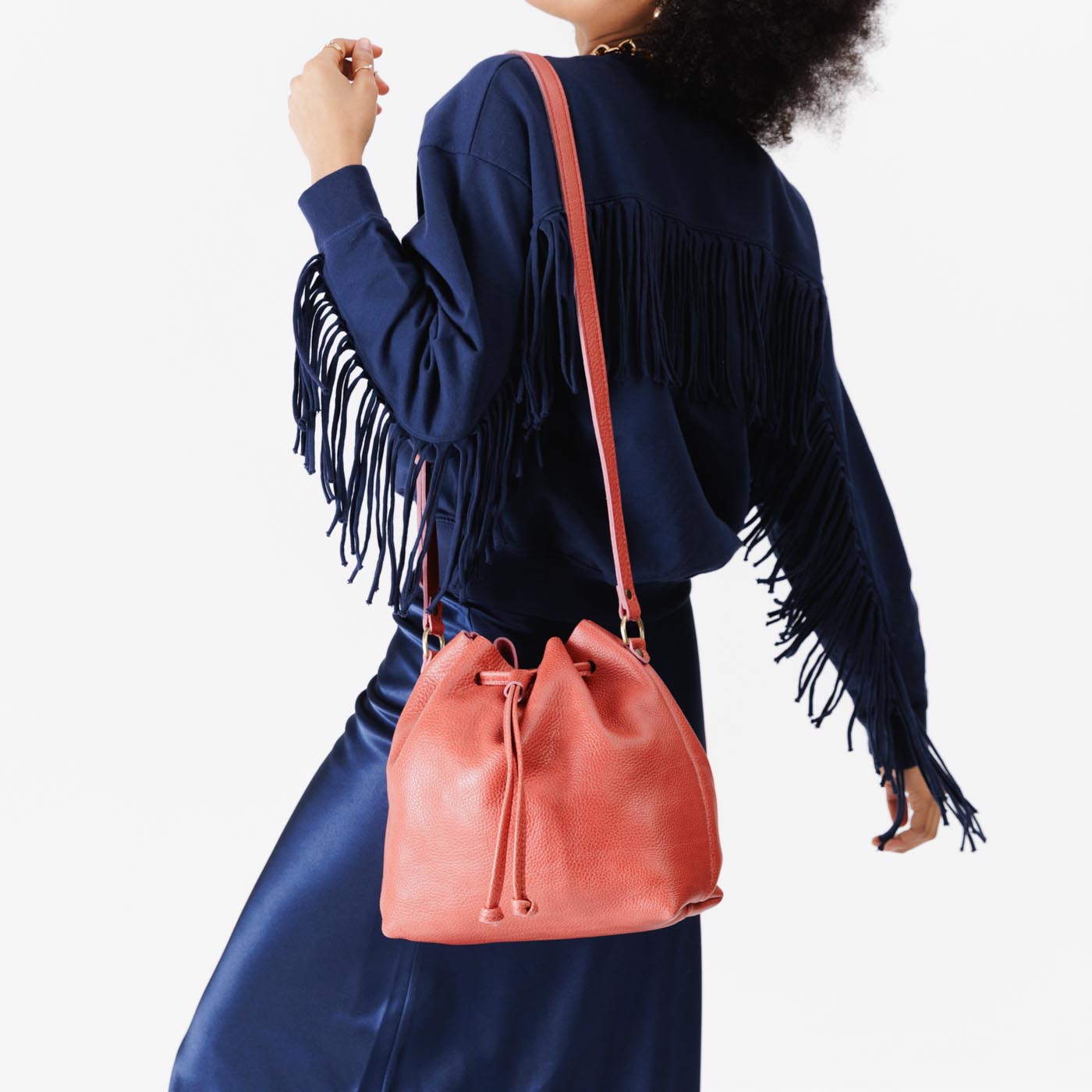 Leather Bucket Bag with Adjustable Crossbody Strap