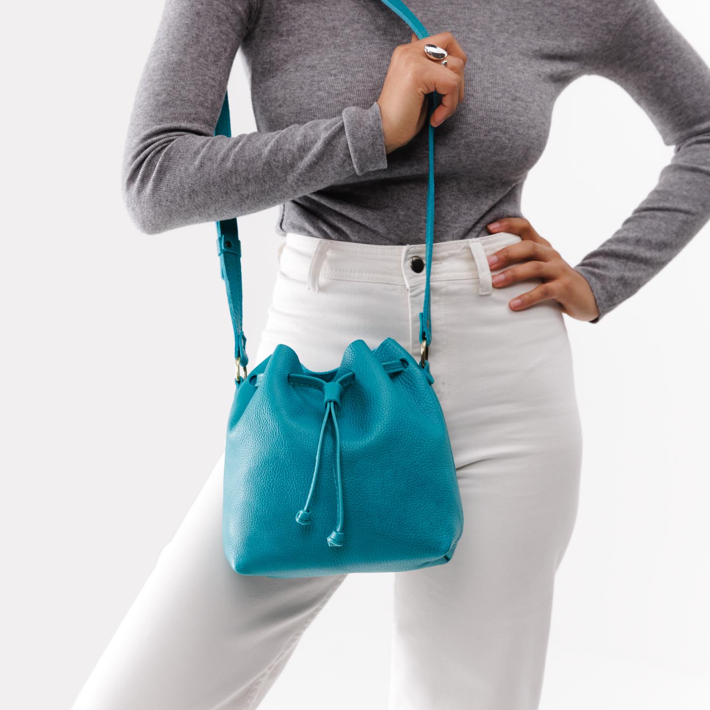 Leather Bucket Bag with Adjustable Crossbody Strap
