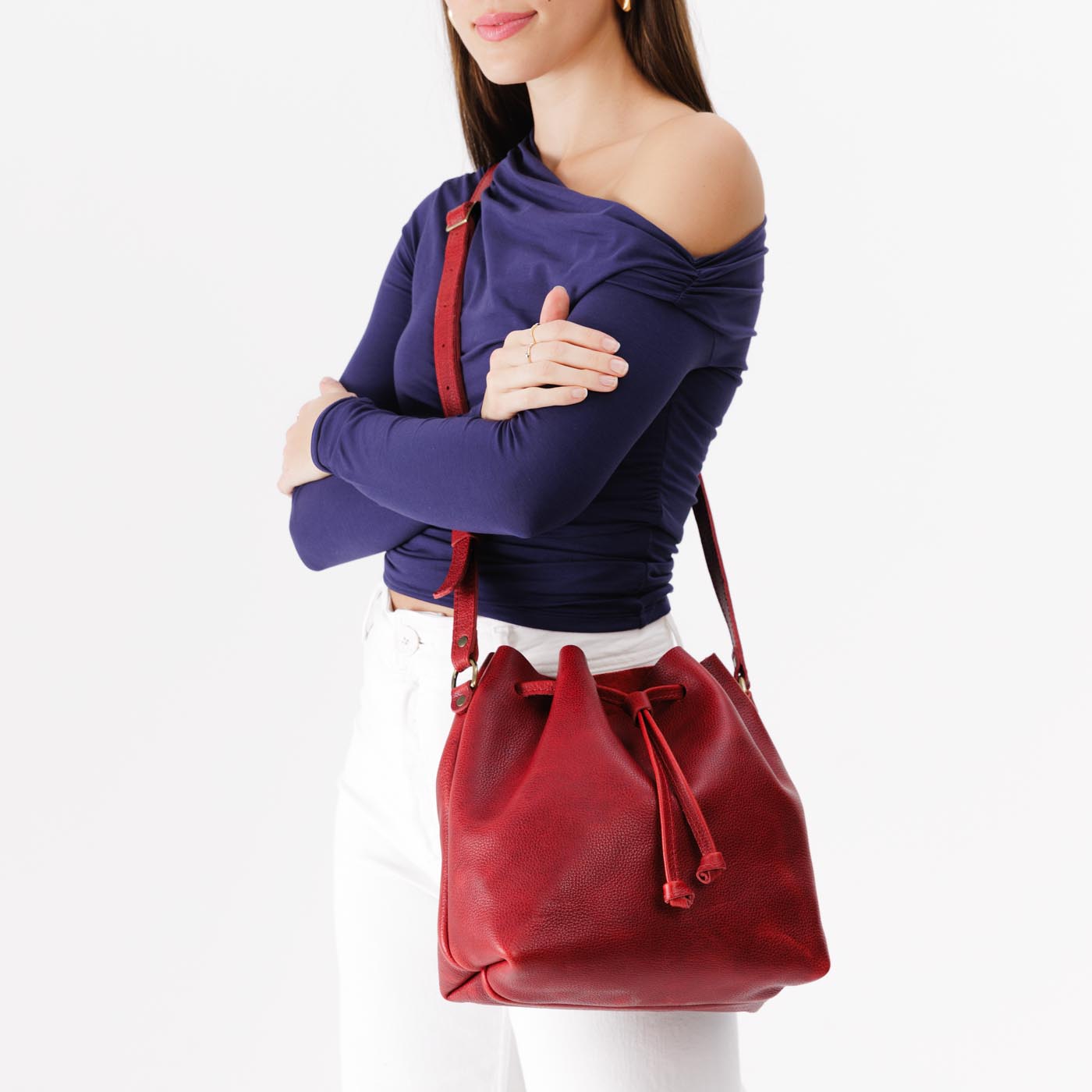 Leather Bucket Bag with Adjustable Crossbody Strap