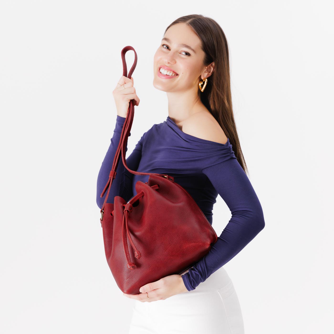 Leather Bucket Bag with Adjustable Crossbody Strap