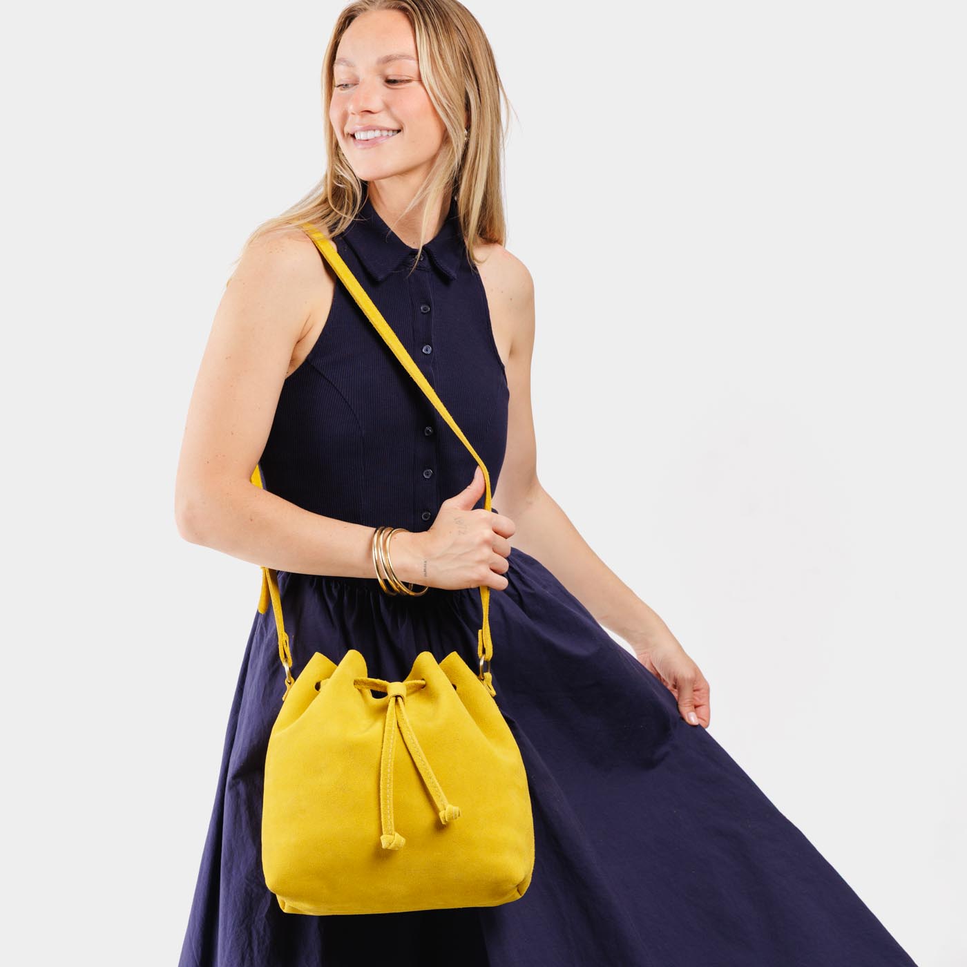 Leather Bucket Bag with Adjustable Crossbody Strap