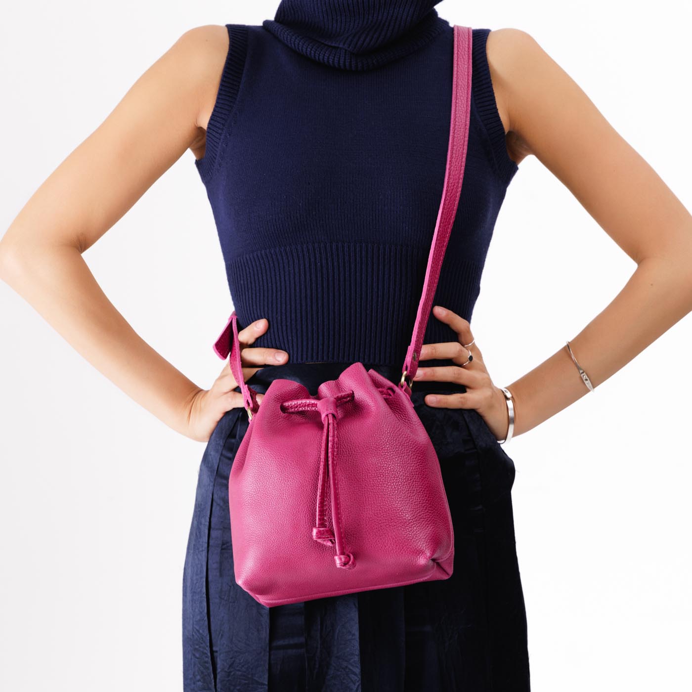 Leather Bucket Bag with Adjustable Crossbody Strap