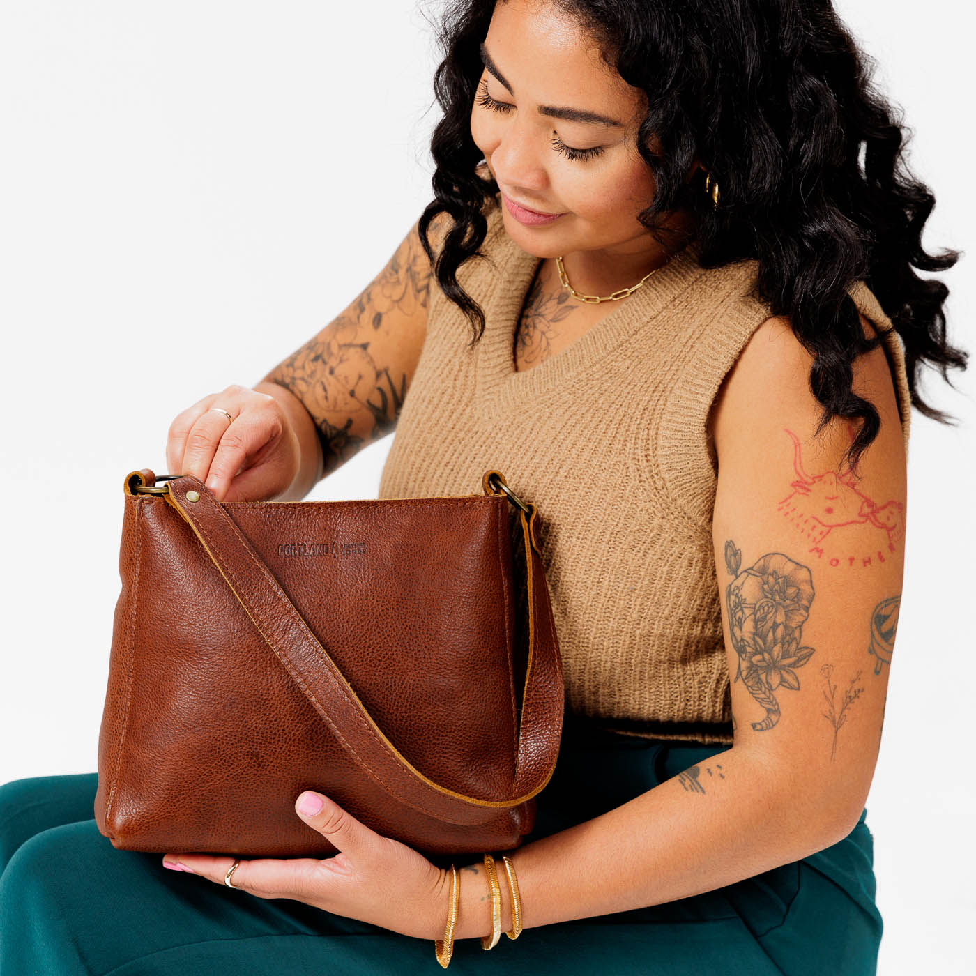 Leather Triangle Shoulder Bag with Phone Pocket & Zipper Closure