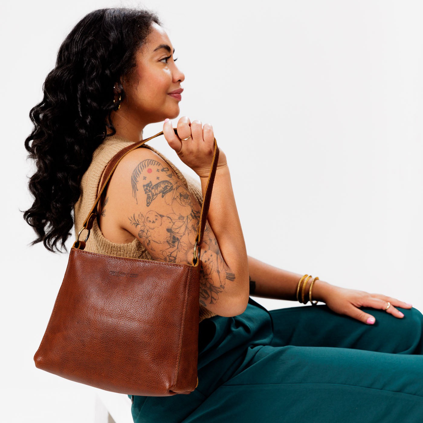 Leather Triangle Shoulder Bag with Phone Pocket & Zipper Closure