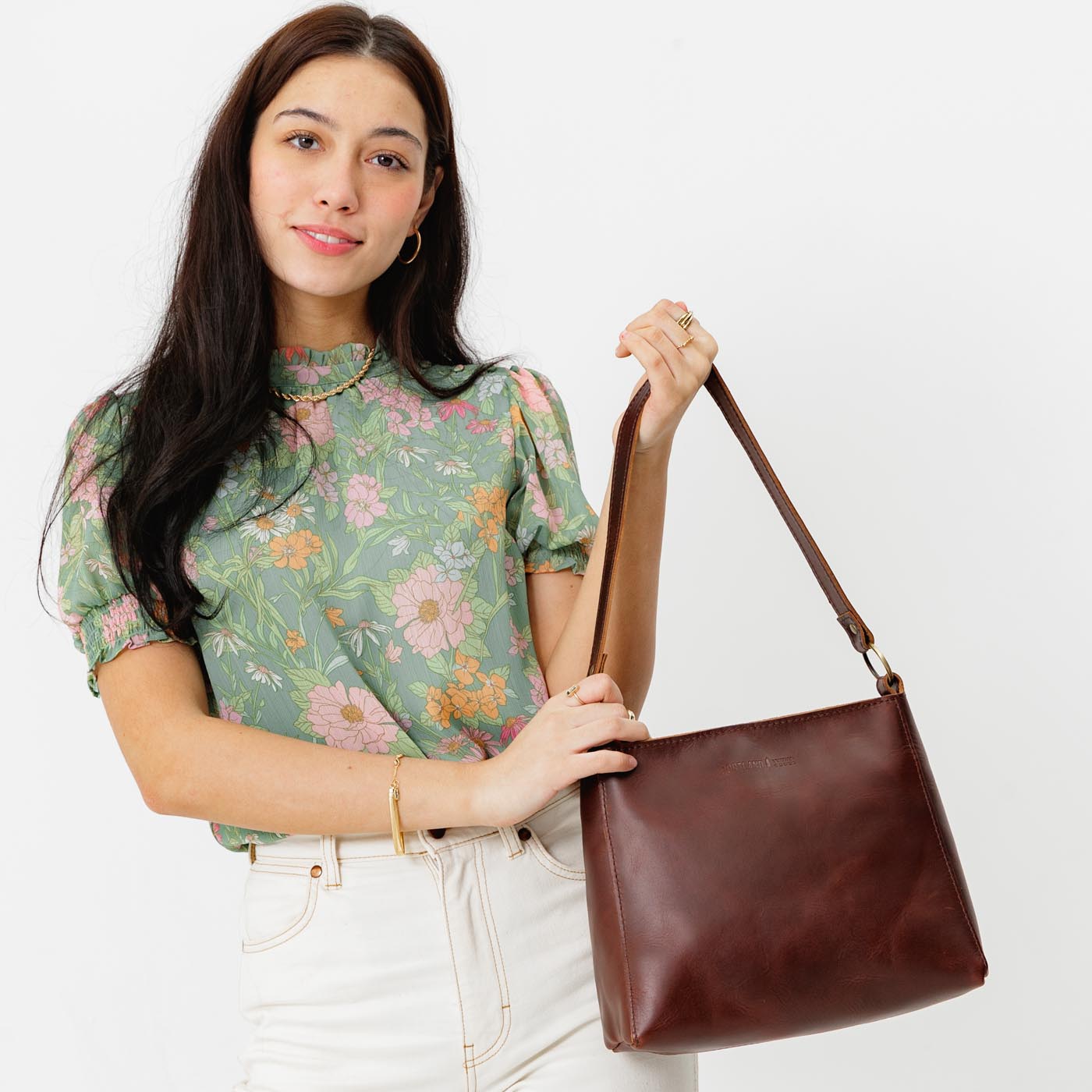 Leather Triangle Shoulder Bag with Phone Pocket & Zipper Closure