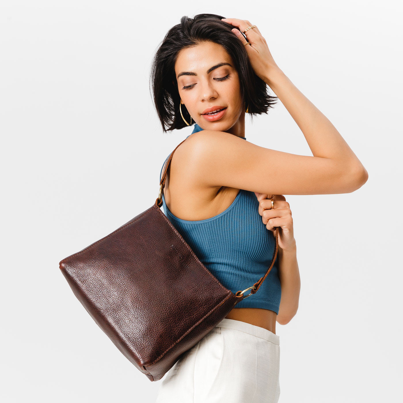 Leather Triangle Shoulder Bag with Phone Pocket & Zipper Closure