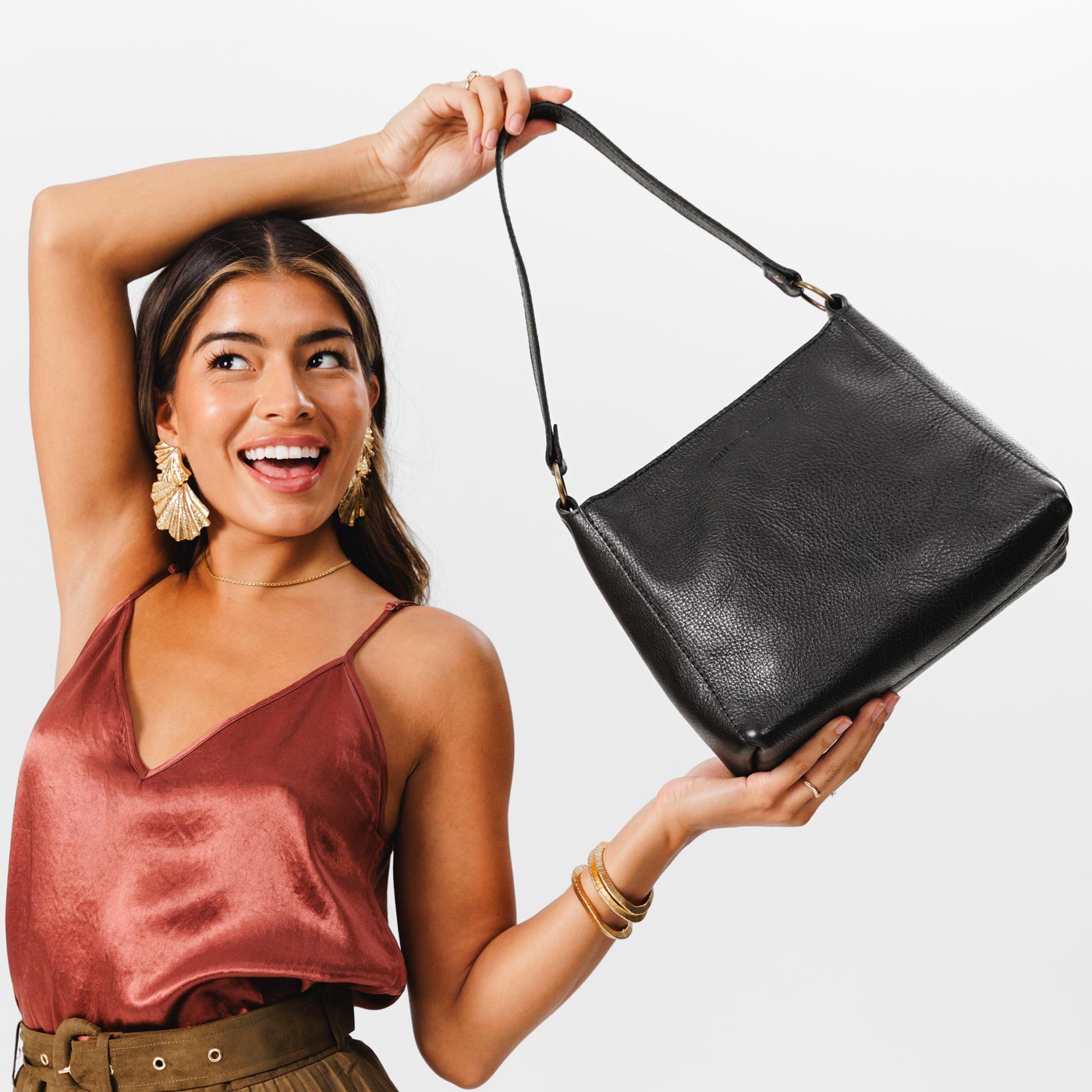 Leather Triangle Shoulder Bag with Phone Pocket & Zipper Closure