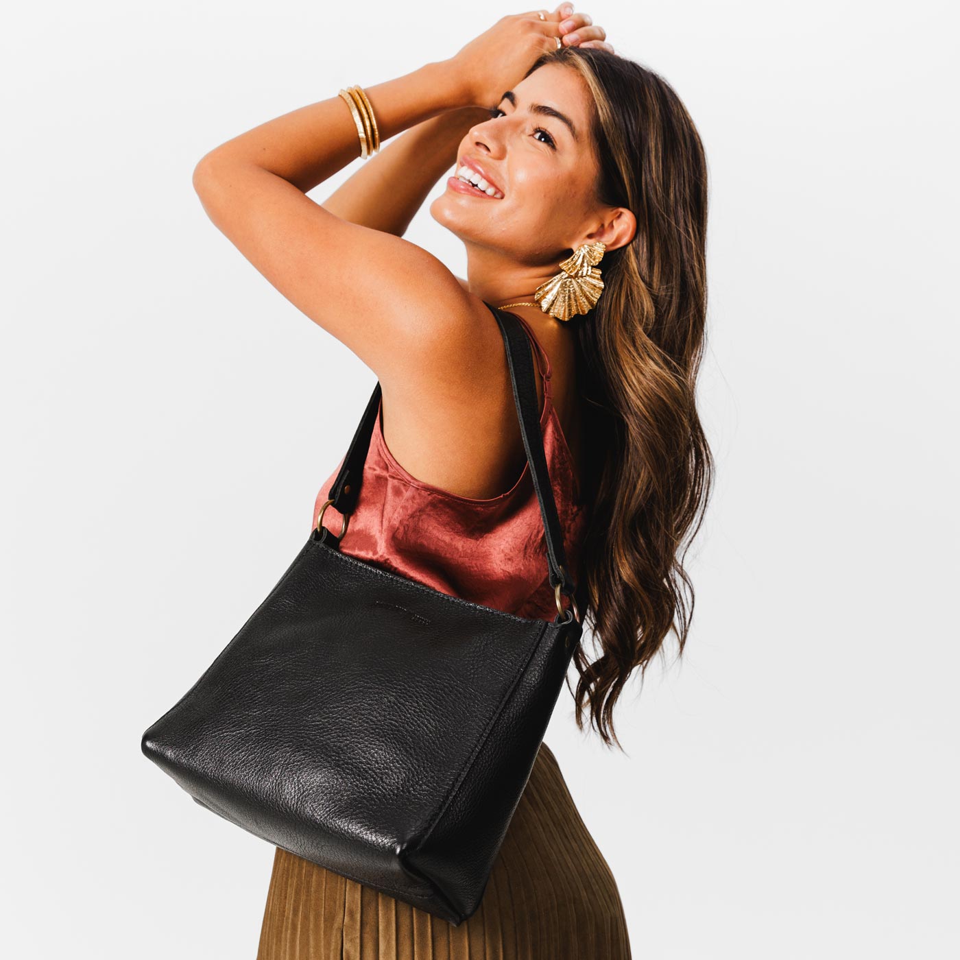 Leather Triangle Shoulder Bag with Phone Pocket & Zipper Closure