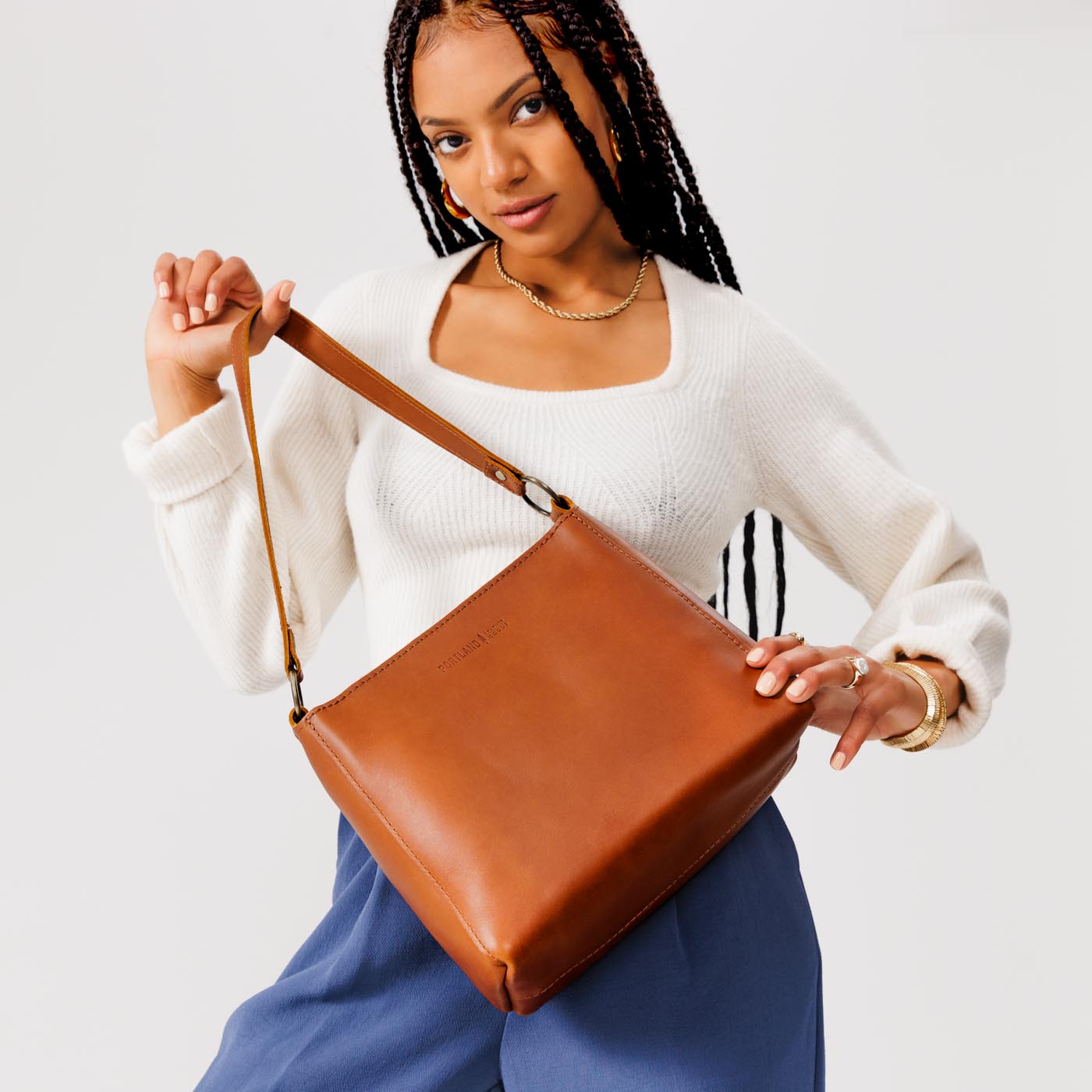 Leather Triangle Shoulder Bag with Phone Pocket & Zipper Closure