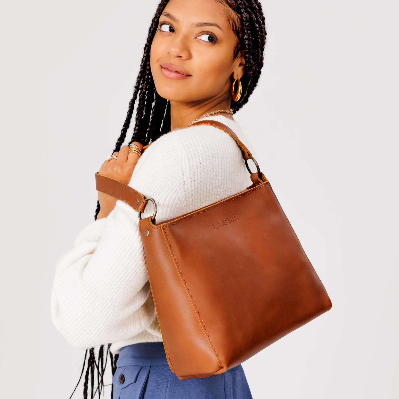 Leather Triangle Shoulder Bag with Phone Pocket & Zipper Closure