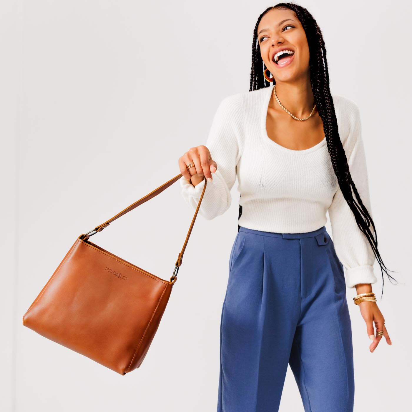 Leather Triangle Shoulder Bag with Phone Pocket & Zipper Closure