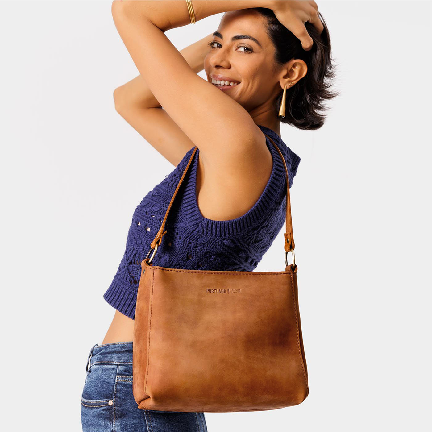 Leather Triangle Shoulder Bag with Phone Pocket & Zipper Closure