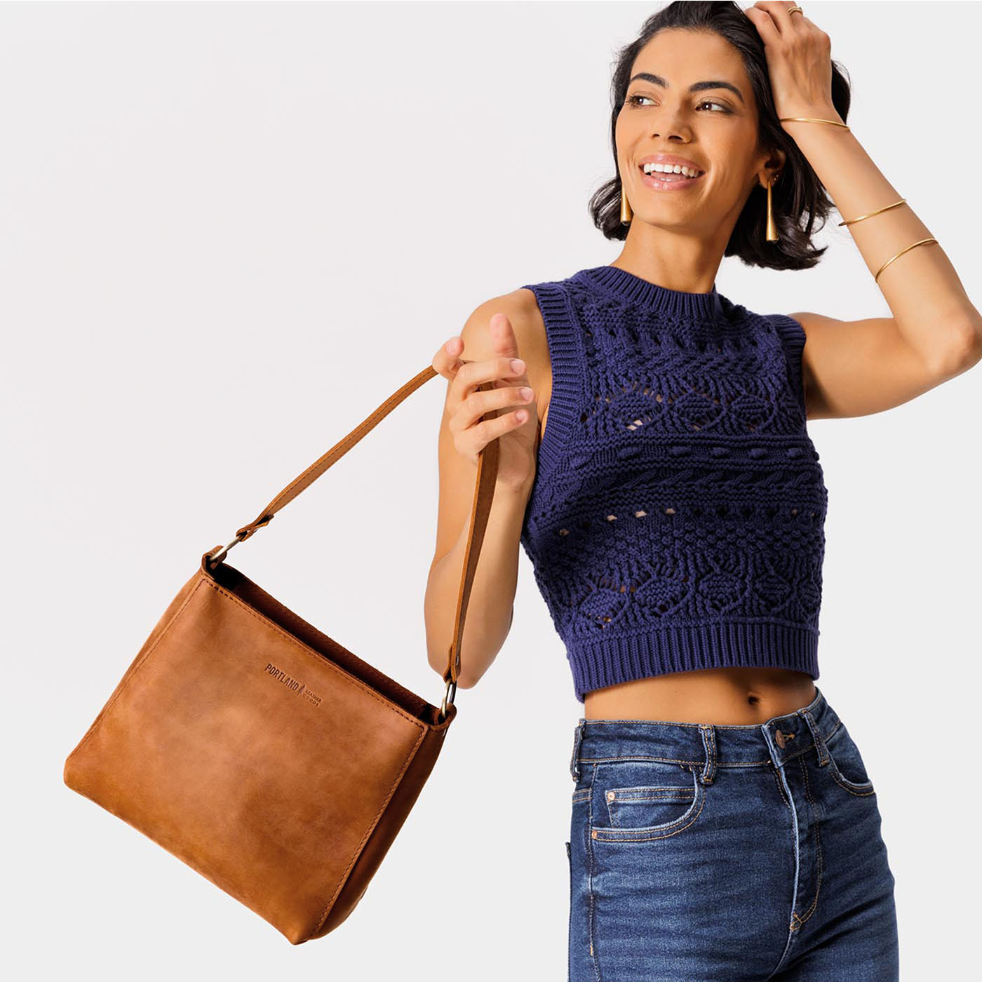 Leather Triangle Shoulder Bag with Phone Pocket & Zipper Closure