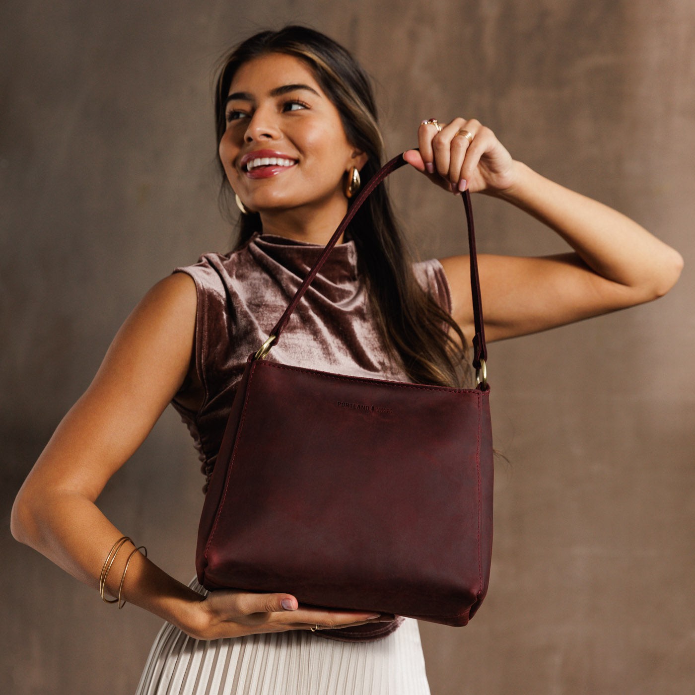 Leather Triangle Shoulder Bag with Phone Pocket & Zipper Closure