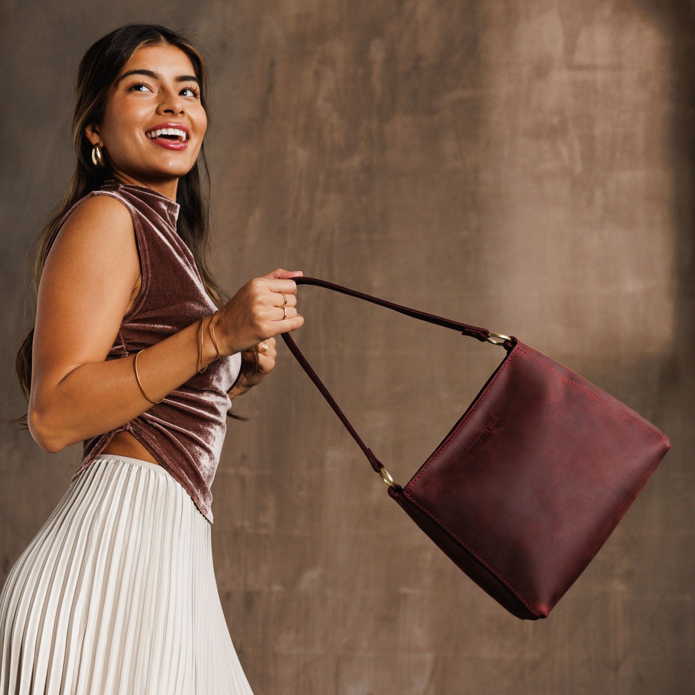 Leather Triangle Shoulder Bag with Phone Pocket & Zipper Closure