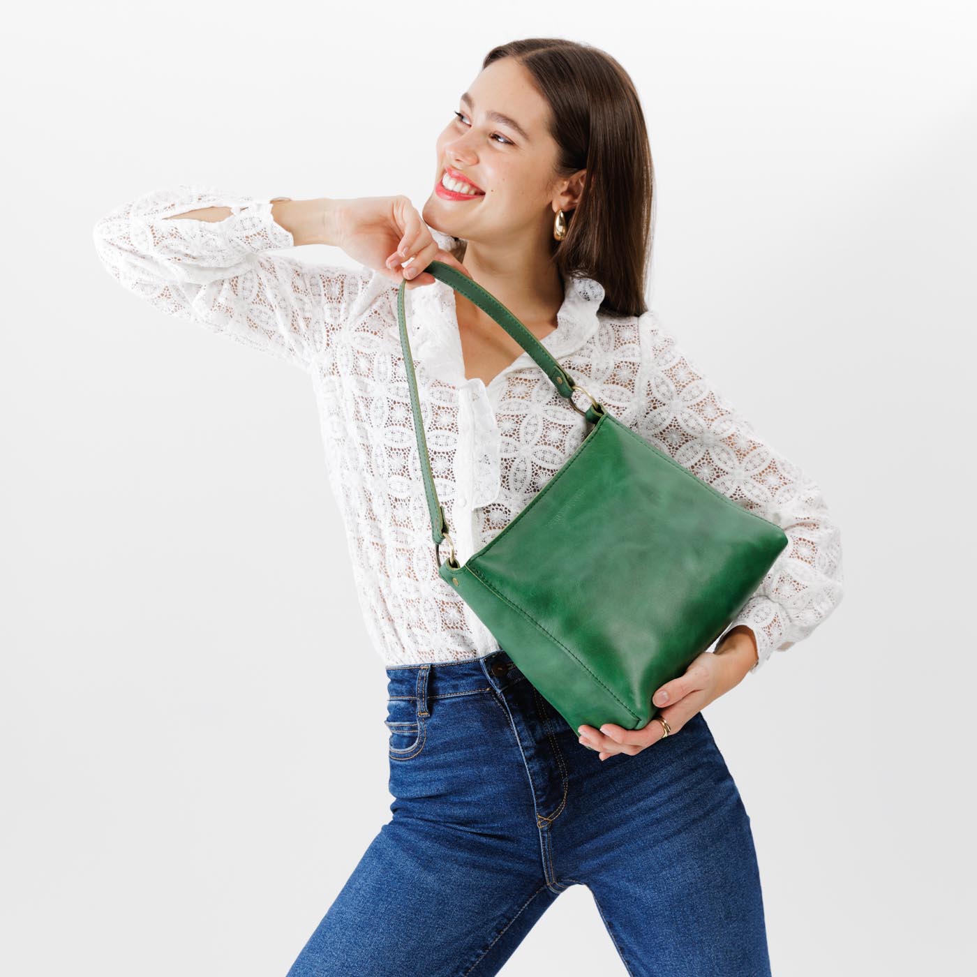 Leather Triangle Shoulder Bag with Phone Pocket & Zipper Closure