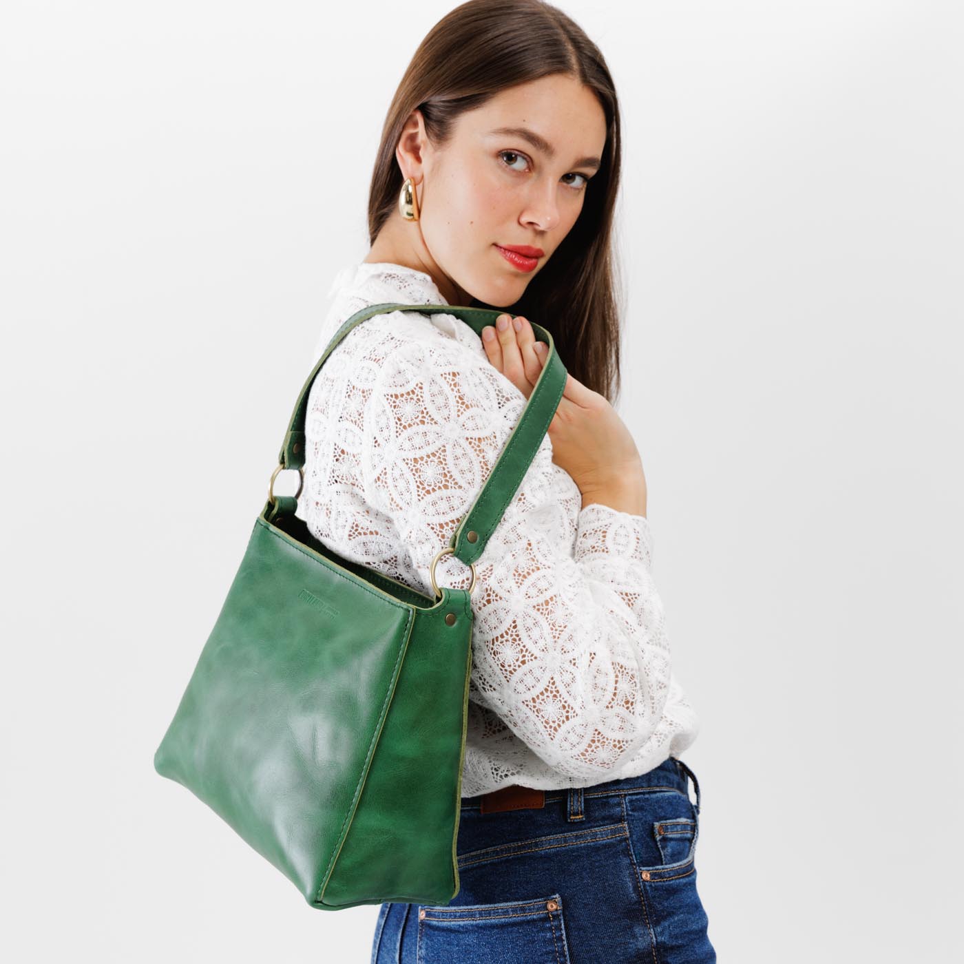 Leather Triangle Shoulder Bag with Phone Pocket & Zipper Closure