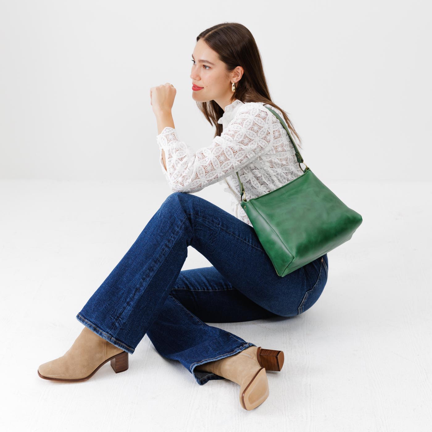Leather Triangle Shoulder Bag with Phone Pocket & Zipper Closure
