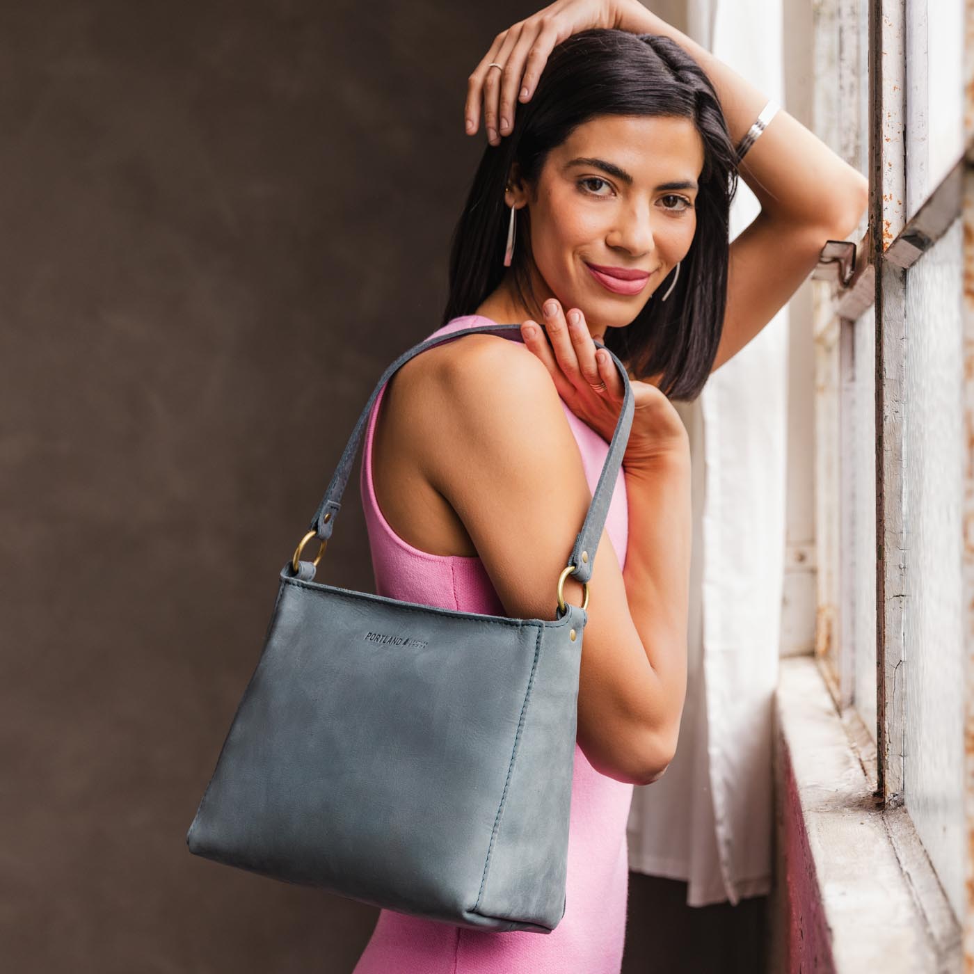 Leather Triangle Shoulder Bag with Phone Pocket & Zipper Closure