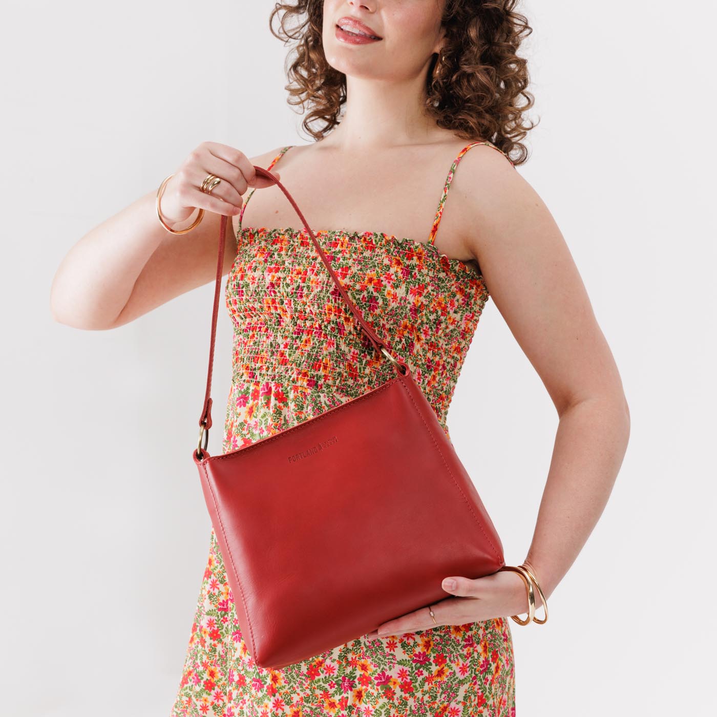 Leather Triangle Shoulder Bag with Phone Pocket & Zipper Closure