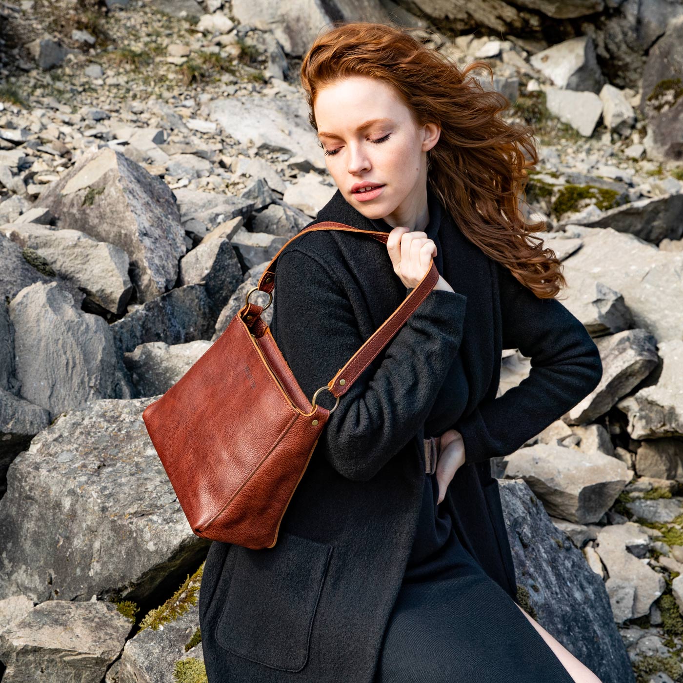 Leather Triangle Shoulder Bag with Phone Pocket & Zipper Closure