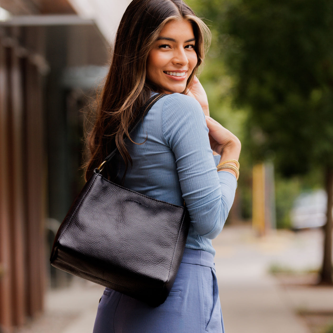Leather Triangle Shoulder Bag with Phone Pocket & Zipper Closure