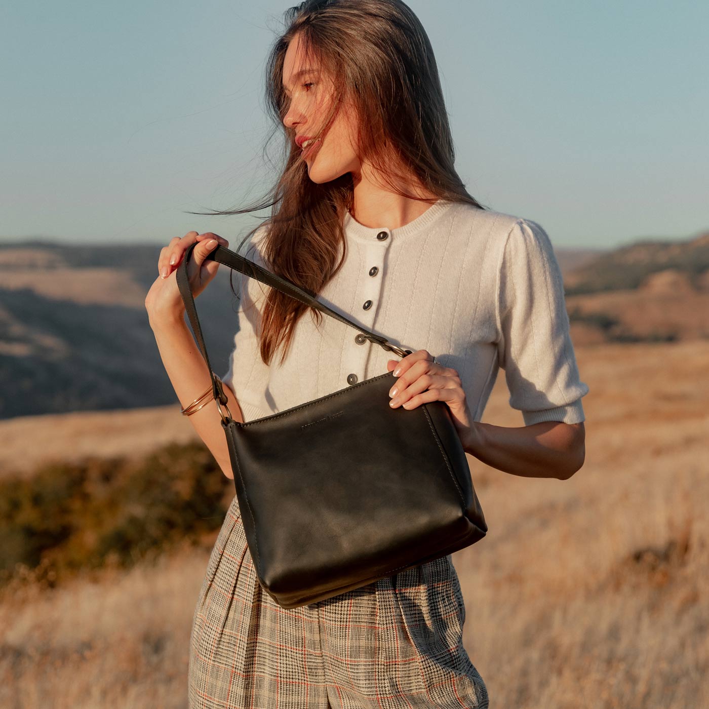 Leather Triangle Shoulder Bag with Phone Pocket & Zipper Closure