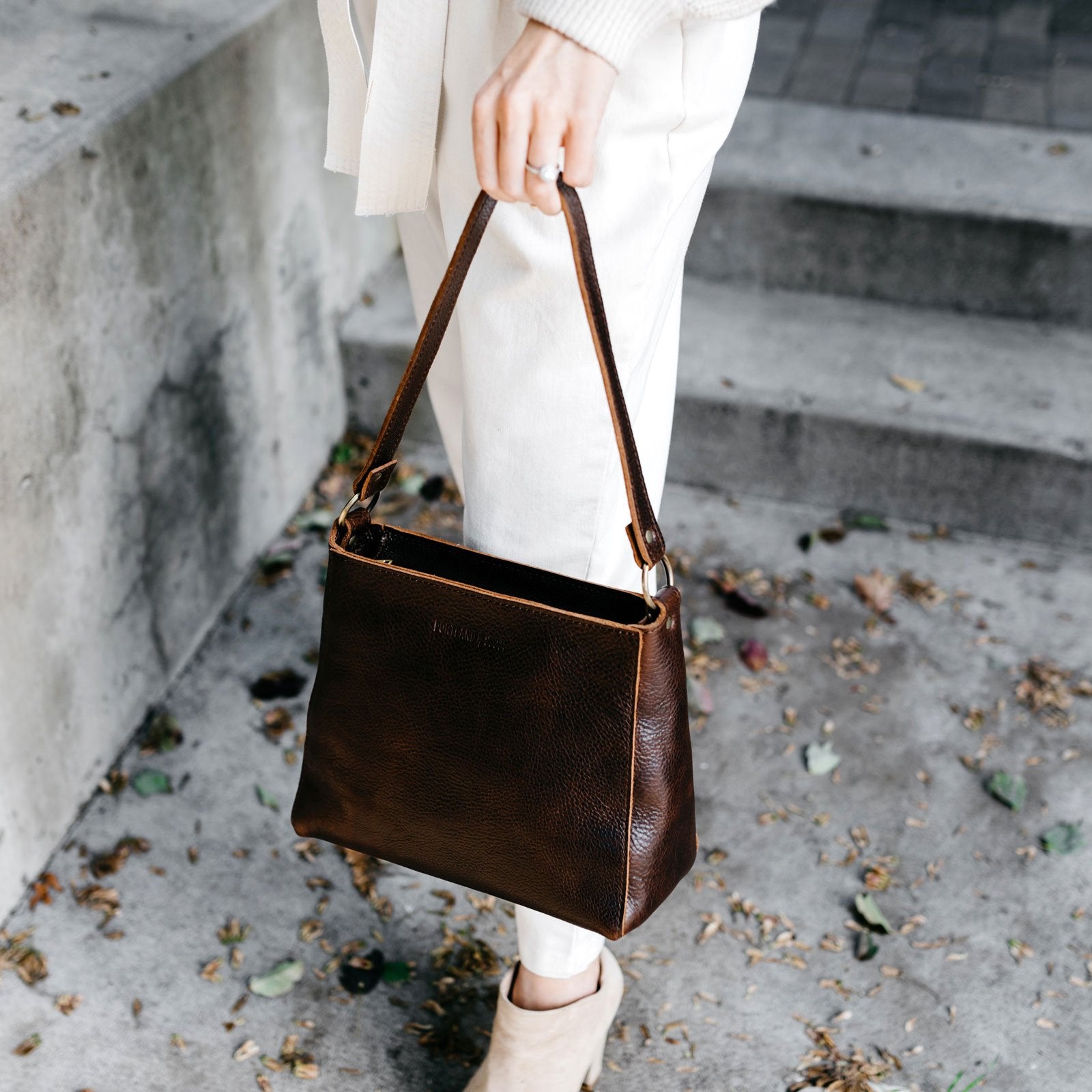 Leather Triangle Shoulder Bag with Phone Pocket & Zipper Closure