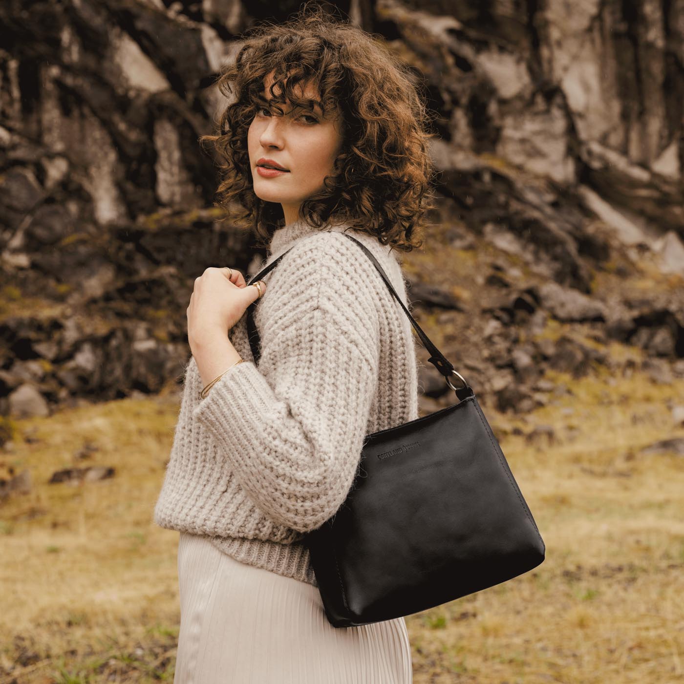 Leather Triangle Shoulder Bag with Phone Pocket & Zipper Closure