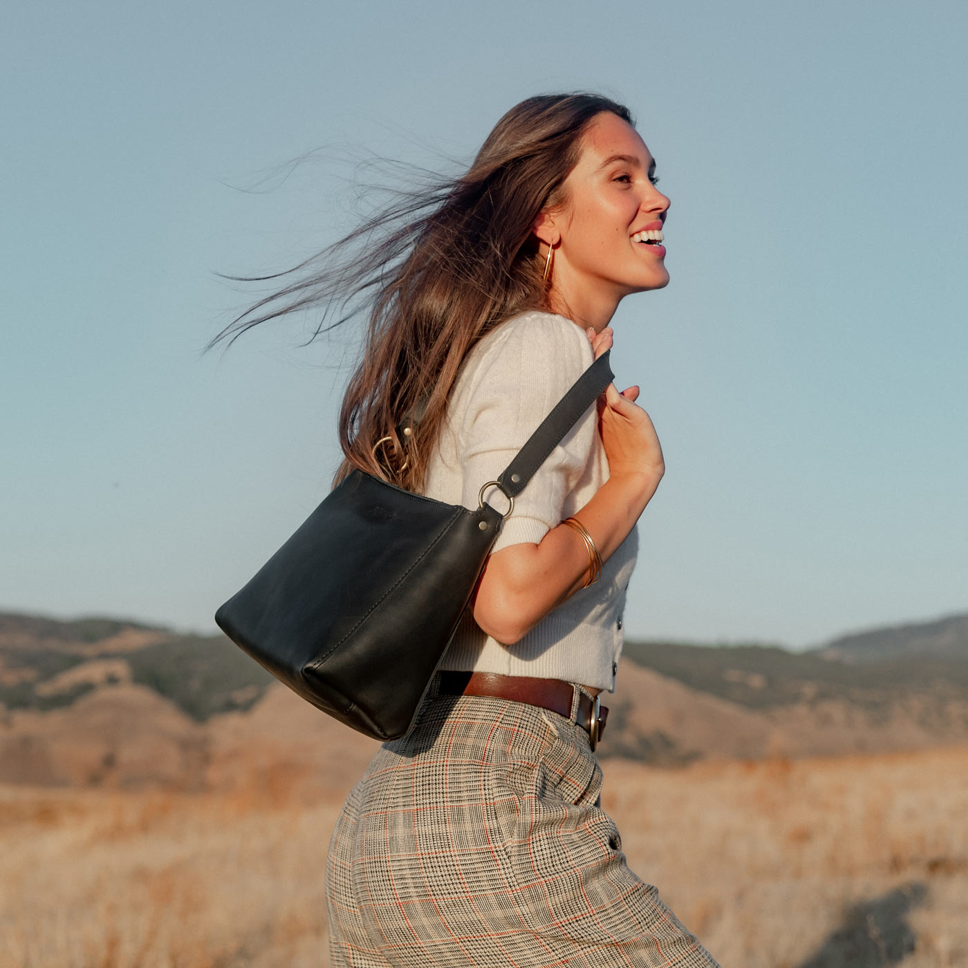 Leather Triangle Shoulder Bag with Phone Pocket & Zipper Closure