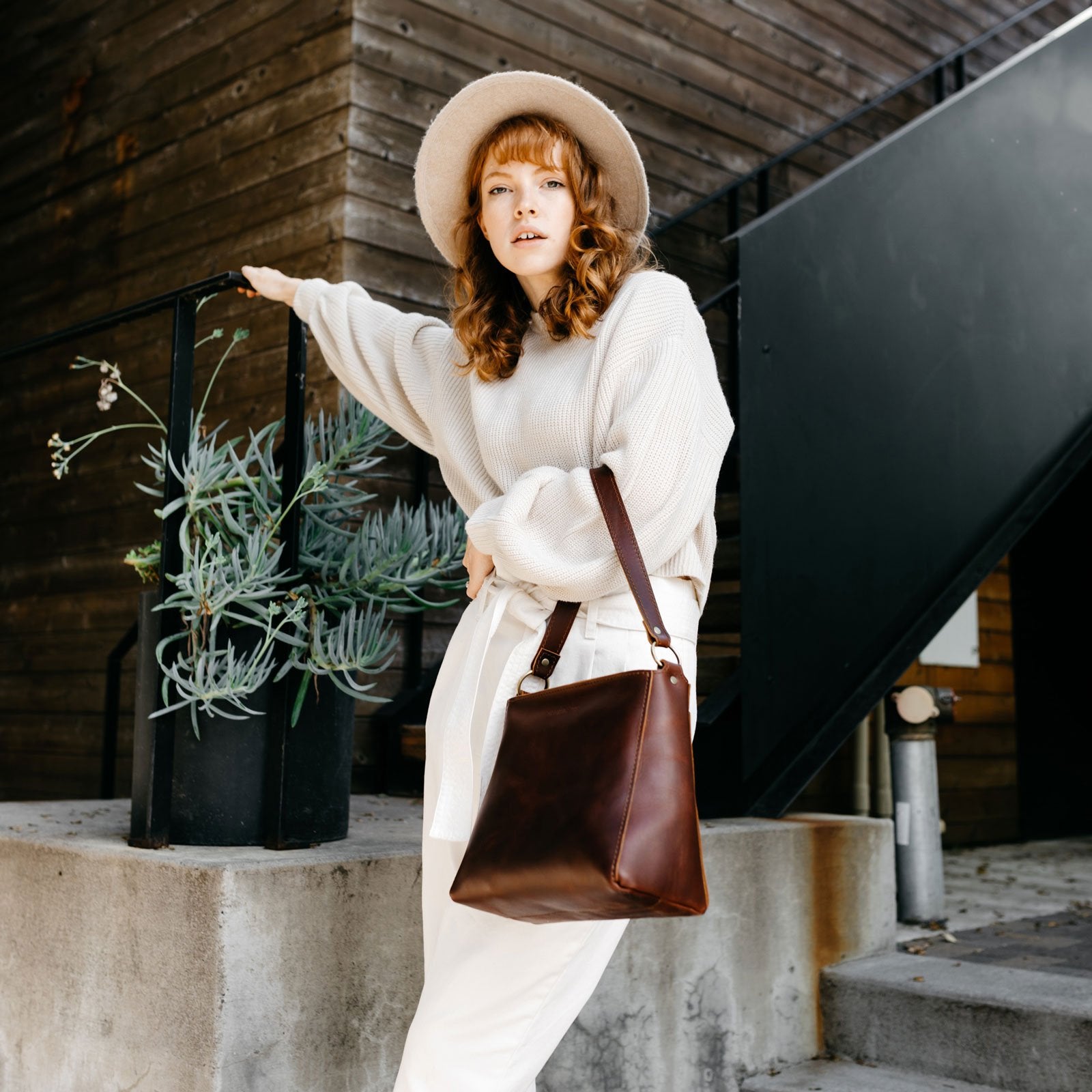 Leather Triangle Shoulder Bag with Phone Pocket & Zipper Closure
