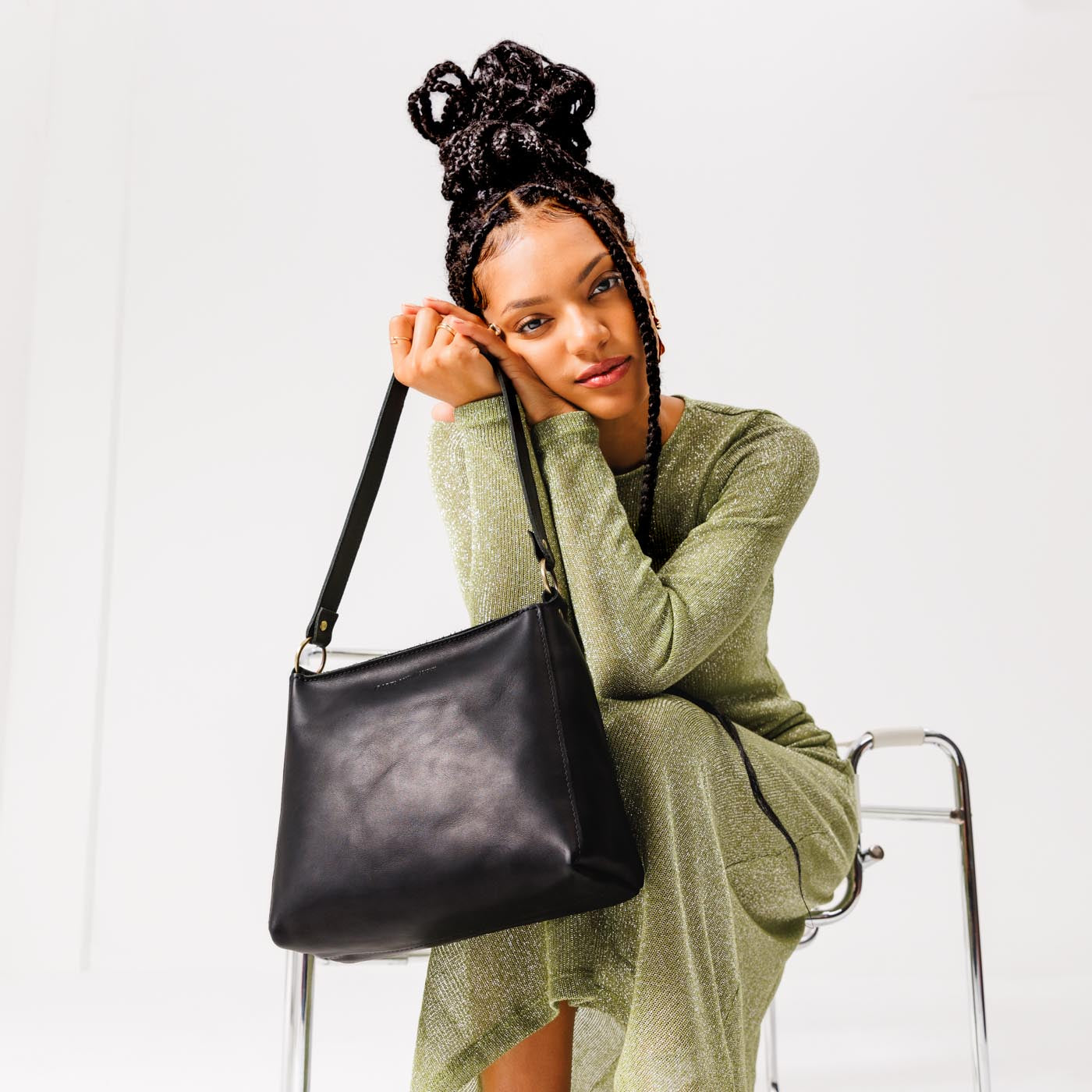 Leather Triangle Shoulder Bag with Phone Pocket & Zipper Closure