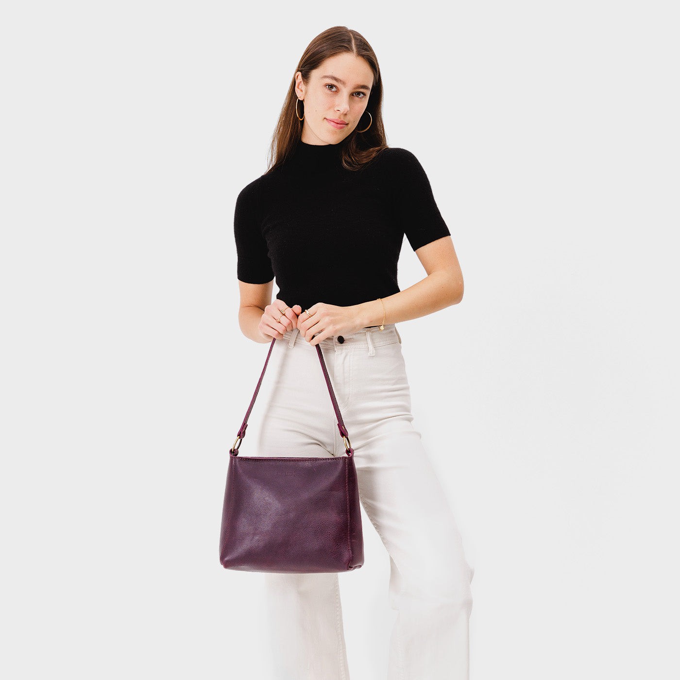 Leather Triangle Shoulder Bag with Phone Pocket & Zipper Closure
