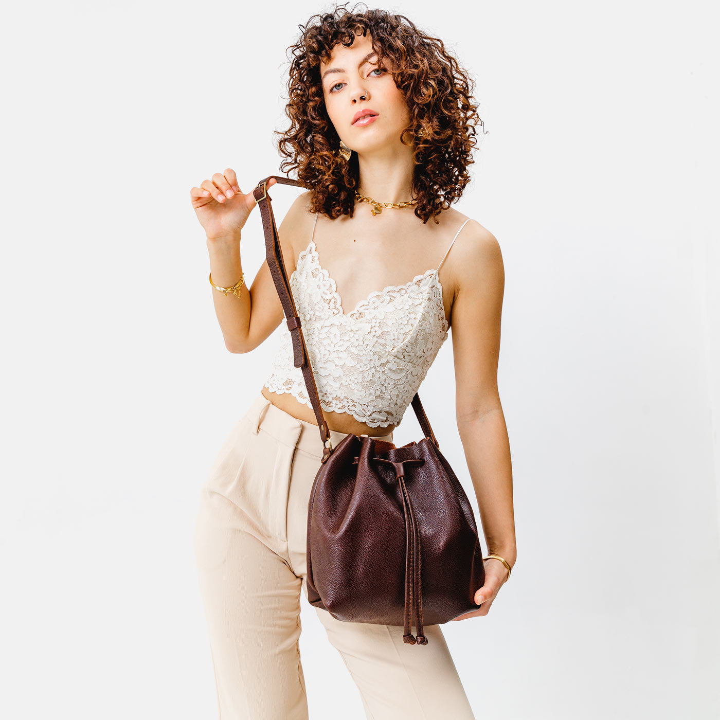 Leather Bucket Bag with Adjustable Crossbody Strap