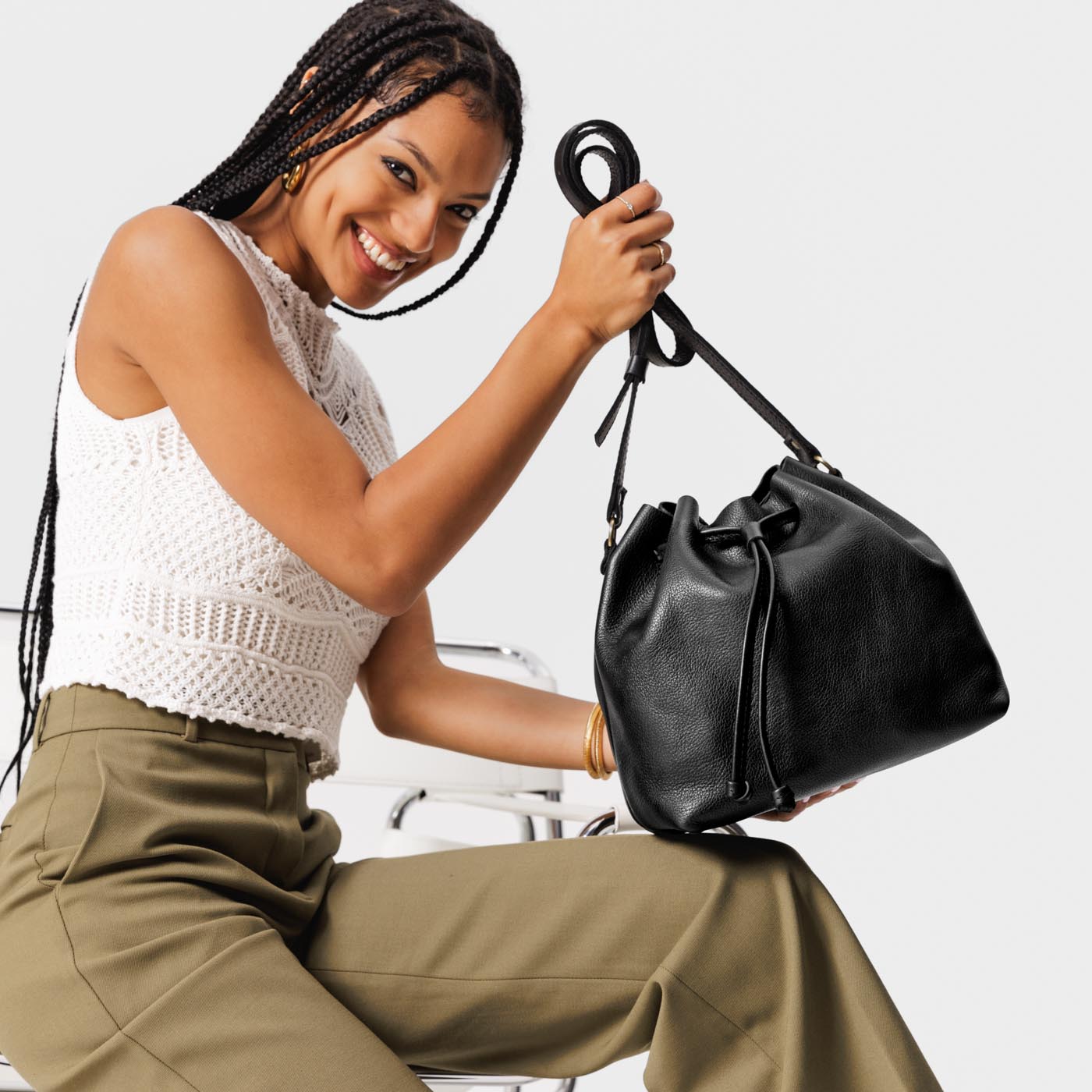 Leather Bucket Bag with Adjustable Crossbody Strap