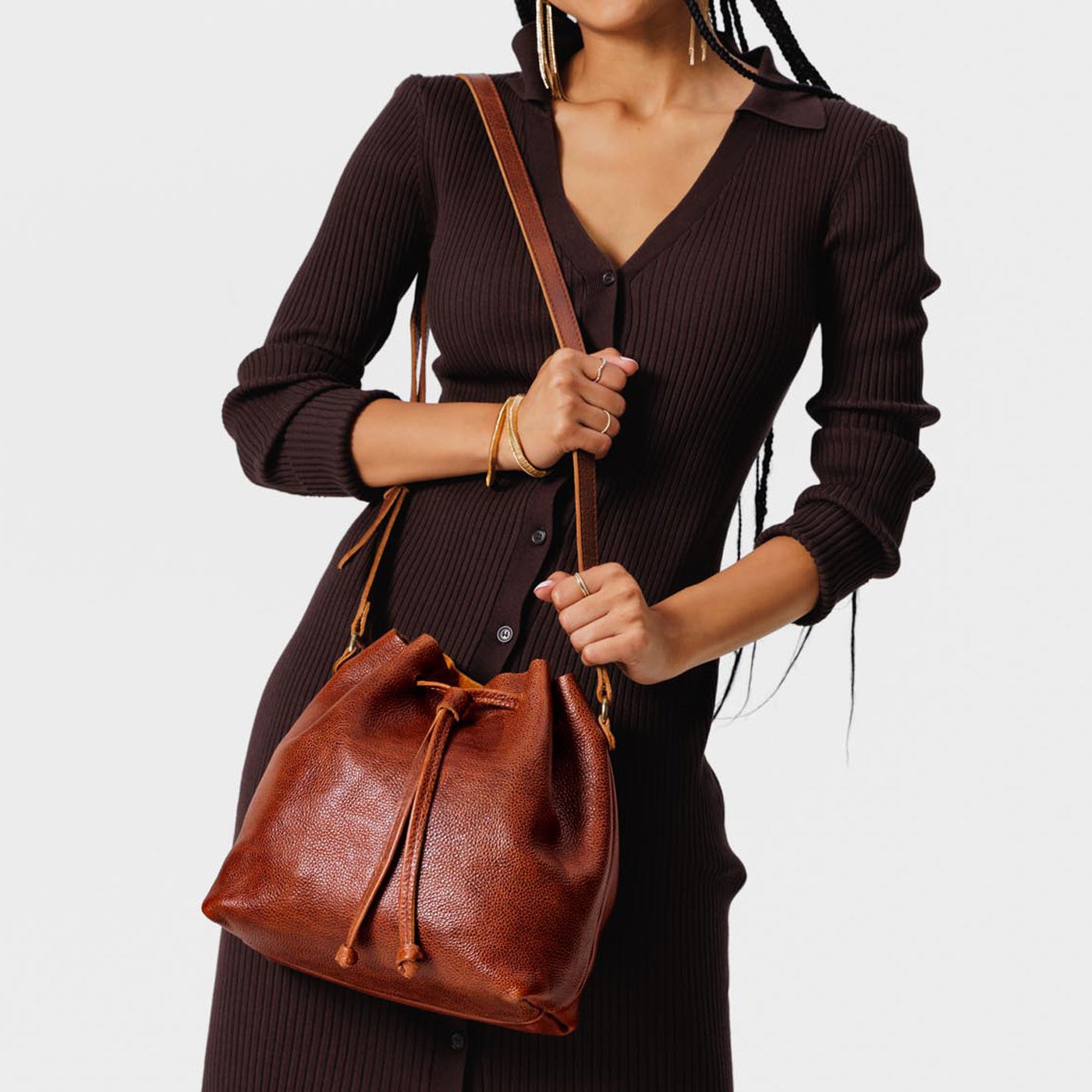 Leather Bucket Bag with Adjustable Crossbody Strap