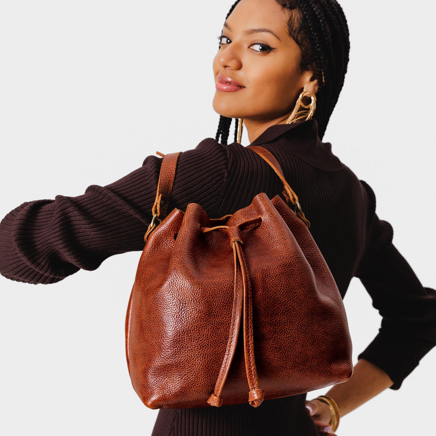 Leather Bucket Bag with Adjustable Crossbody Strap