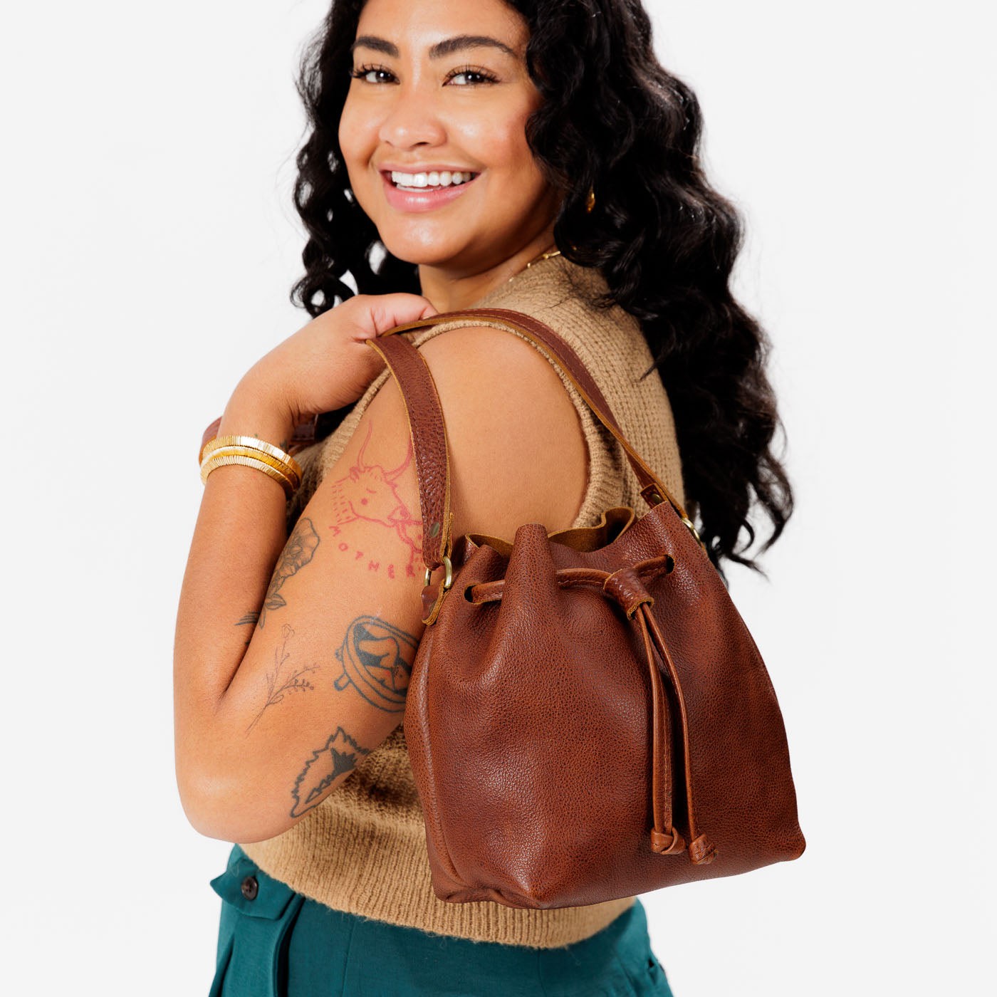 Leather Bucket Bag with Adjustable Crossbody Strap