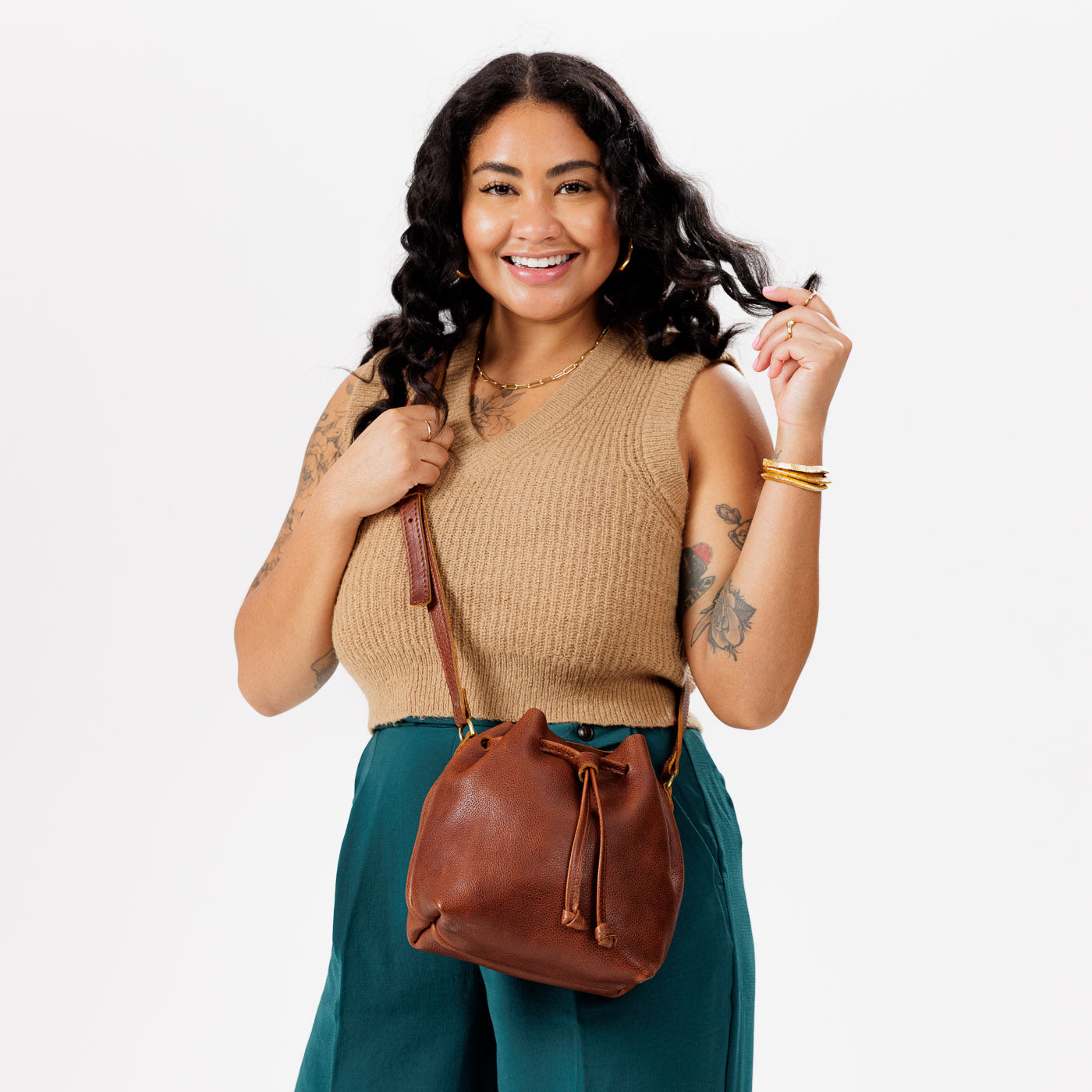Leather Bucket Bag with Adjustable Crossbody Strap