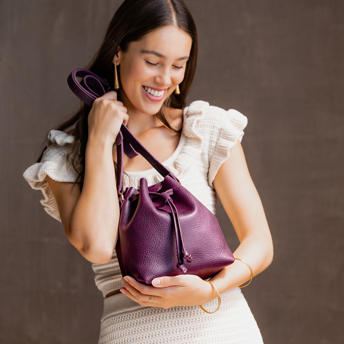 Leather Bucket Bag with Adjustable Crossbody Strap