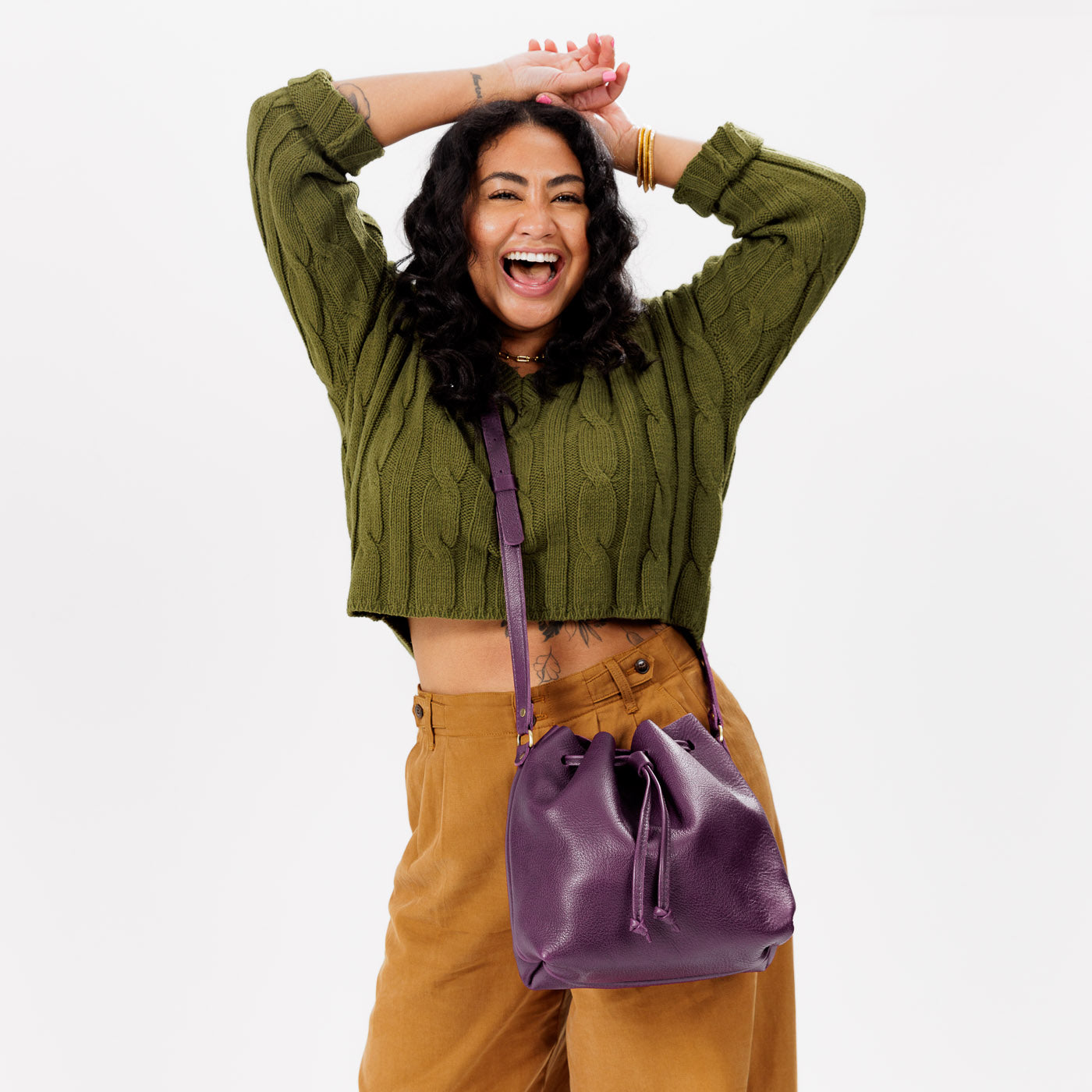 Leather Bucket Bag with Adjustable Crossbody Strap