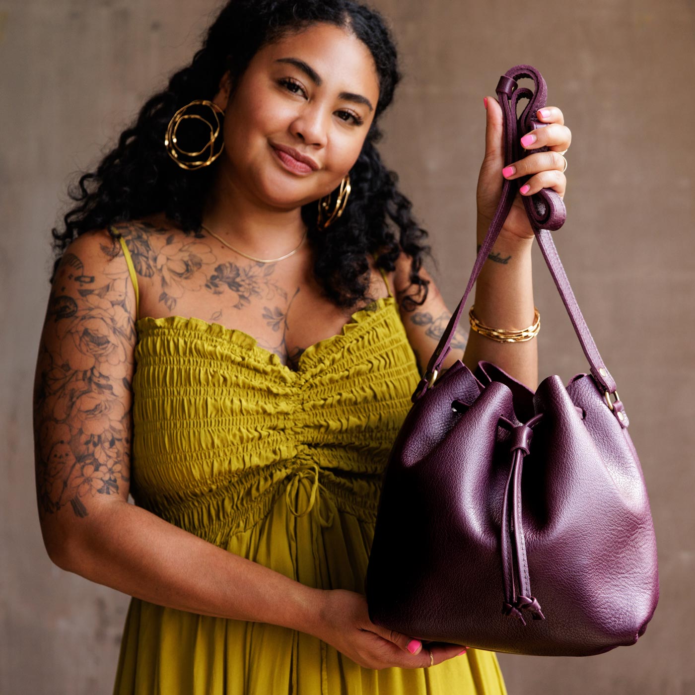 Leather Bucket Bag with Adjustable Crossbody Strap