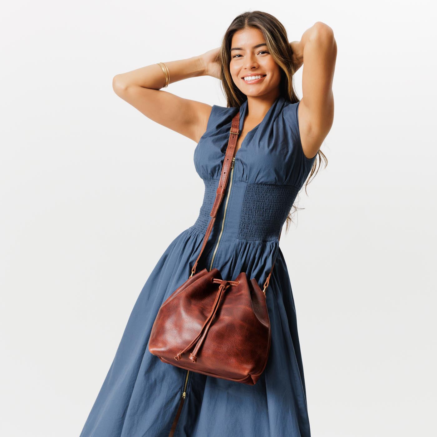 Leather Bucket Bag with Adjustable Crossbody Strap