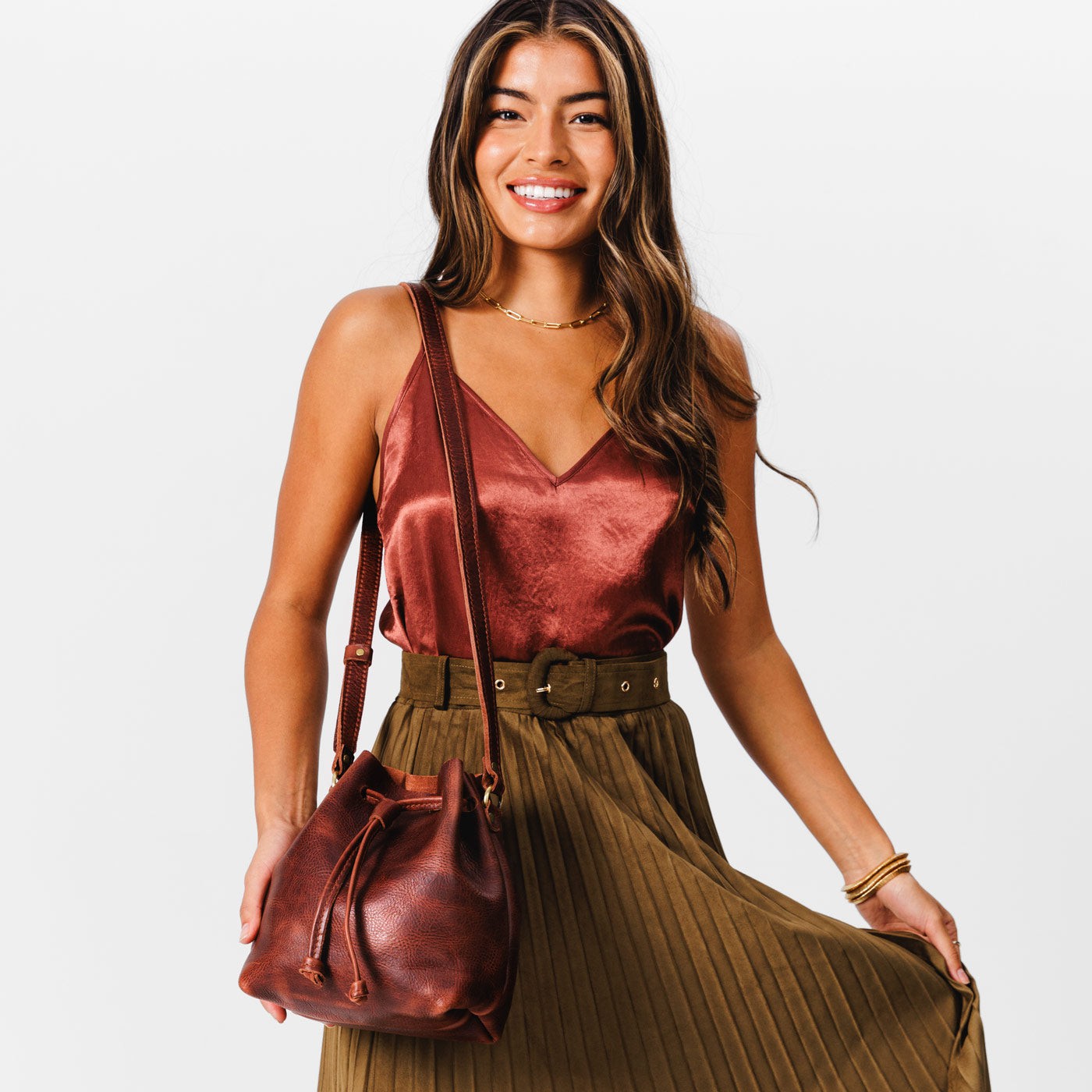 Leather Bucket Bag with Adjustable Crossbody Strap